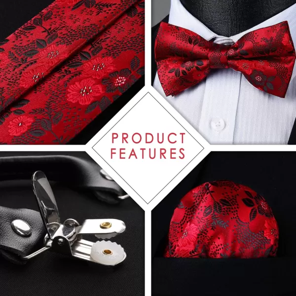 HISDERN Suspenders for Men Paisley Floral Bow tie Suspender Pocket Square Sets Adjustable Y Shape 6 Clips Wedding Braces