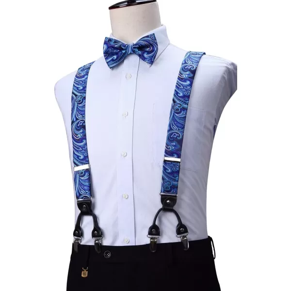 HISDERN Suspenders for Men Paisley Floral Bow tie Suspender Pocket Square Sets Adjustable Y Shape 6 Clips Wedding Braces