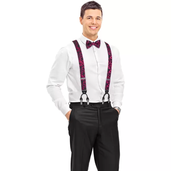 HISDERN Suspenders for Men Paisley Floral Bow tie Suspender Pocket Square Sets Adjustable Y Shape 6 Clips Wedding Braces