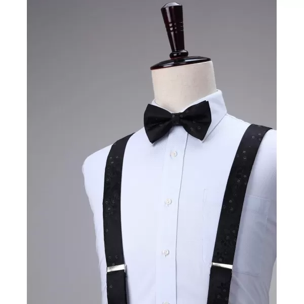 HISDERN Suspenders for Men Paisley Floral Bow tie Suspender Pocket Square Sets Adjustable Y Shape 6 Clips Wedding Braces