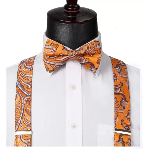 HISDERN Suspenders for Men Paisley Floral Bow tie Suspender Pocket Square Sets Adjustable Y Shape 6 Clips Wedding Braces
