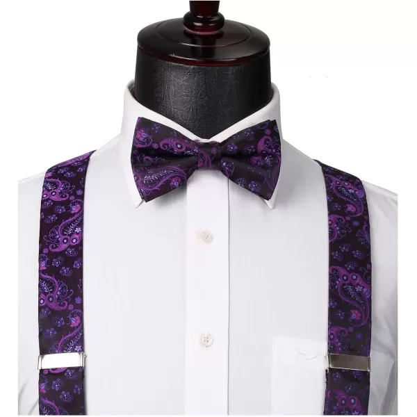 HISDERN Suspenders for Men Paisley Floral Bow tie Suspender Pocket Square Sets Adjustable Y Shape 6 Clips Wedding Braces