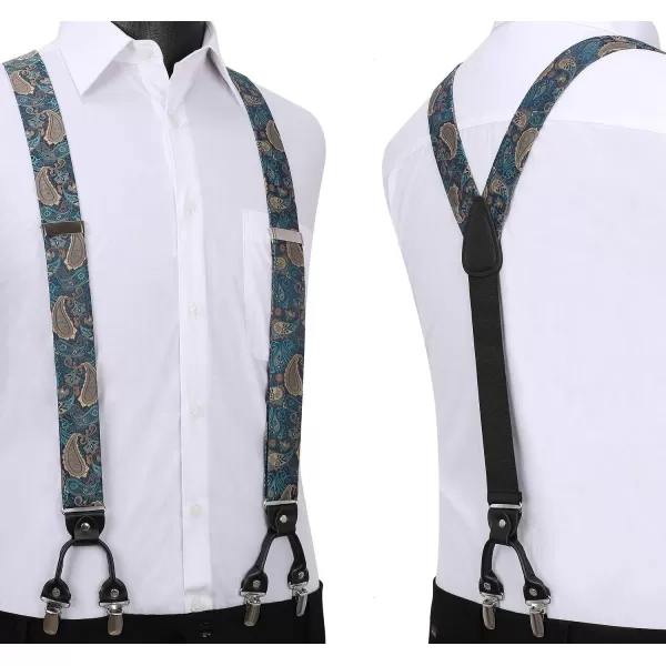 HISDERN Suspenders for Men Paisley Floral Bow tie Suspender Pocket Square Sets Adjustable Y Shape 6 Clips Wedding Braces