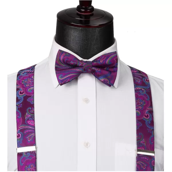 HISDERN Suspenders for Men Paisley Floral Bow tie Suspender Pocket Square Sets Adjustable Y Shape 6 Clips Wedding Braces