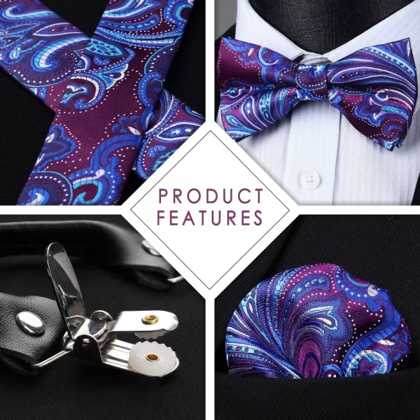 HISDERN Suspenders for Men Paisley Floral Bow tie Suspender Pocket Square Sets Adjustable Y Shape 6 Clips Wedding Braces