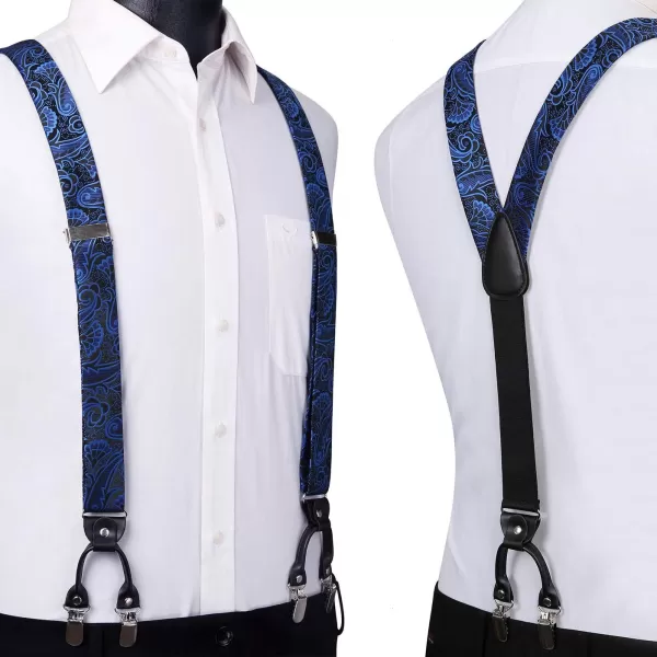 HISDERN Suspenders for Men Paisley Floral Bow tie Suspender Pocket Square Sets Adjustable Y Shape 6 Clips Wedding Braces