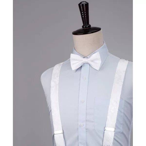 HISDERN Suspenders for Men Paisley Floral Bow tie Suspender Pocket Square Sets Adjustable Y Shape 6 Clips Wedding Braces