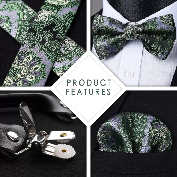 HISDERN Suspenders for Men Paisley Floral Bow tie Suspender Pocket Square Sets Adjustable Y Shape 6 Clips Wedding Braces