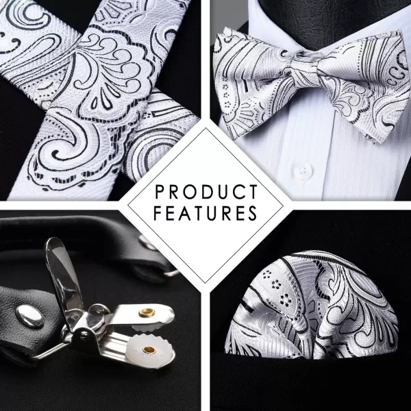 HISDERN Suspenders for Men Paisley Floral Bow tie Suspender Pocket Square Sets Adjustable Y Shape 6 Clips Wedding Braces