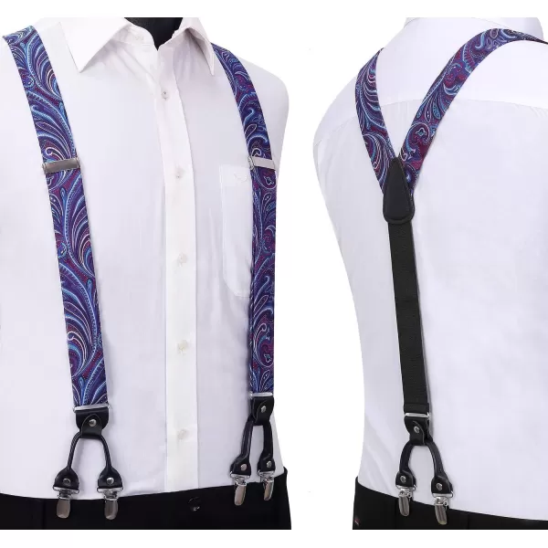 HISDERN Suspenders for Men Paisley Floral Bow tie Suspender Pocket Square Sets Adjustable Y Shape 6 Clips Wedding Braces