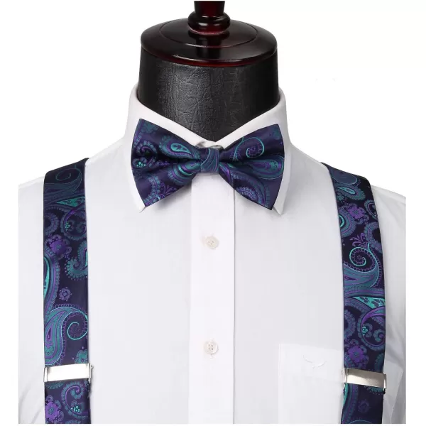 HISDERN Suspenders for Men Paisley Floral Bow tie Suspender Pocket Square Sets Adjustable Y Shape 6 Clips Wedding Braces