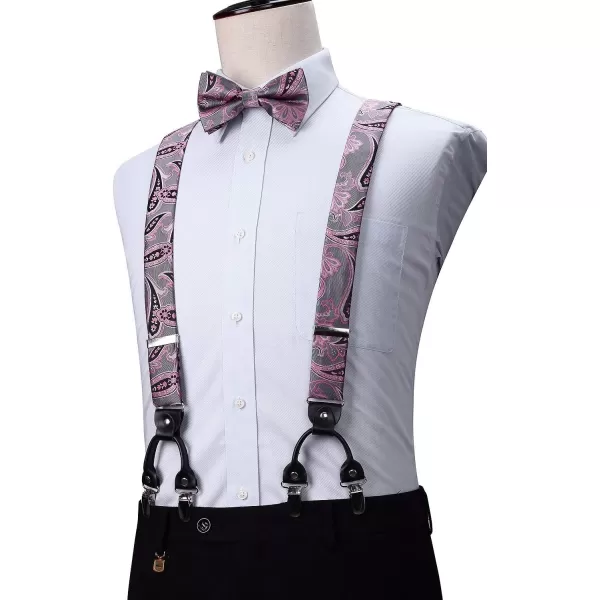 HISDERN Suspenders for Men Paisley Floral Bow tie Suspender Pocket Square Sets Adjustable Y Shape 6 Clips Wedding Braces
