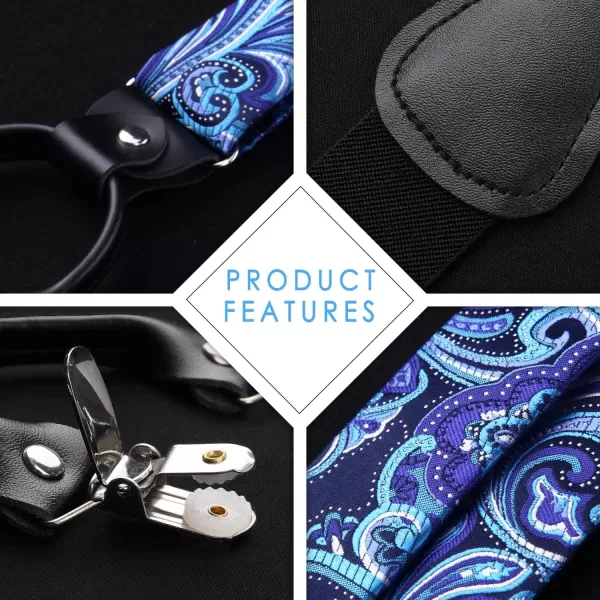 HISDERN Suspenders for Men Paisley Floral Bow tie Suspender Pocket Square Sets Adjustable Y Shape 6 Clips Wedding Braces