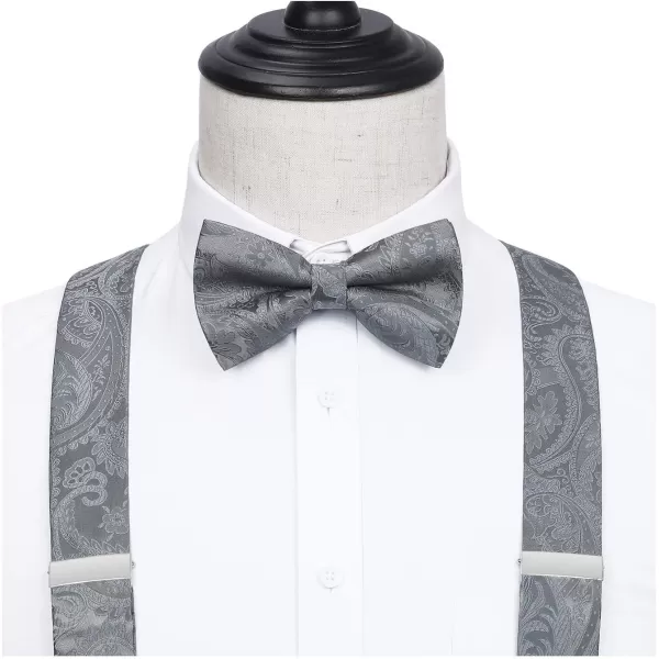 HISDERN Suspenders for Men Paisley Floral Bow tie Suspender Pocket Square Sets Adjustable Y Shape 6 Clips Wedding Braces