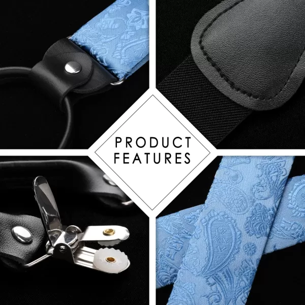 HISDERN Suspenders for Men Paisley Floral Bow tie Suspender Pocket Square Sets Adjustable Y Shape 6 Clips Wedding Braces