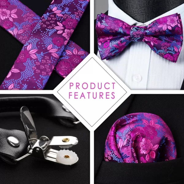 HISDERN Suspenders for Men Paisley Floral Bow tie Suspender Pocket Square Sets Adjustable Y Shape 6 Clips Wedding Braces