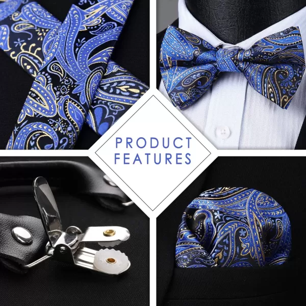 HISDERN Suspenders for Men Paisley Floral Bow tie Suspender Pocket Square Sets Adjustable Y Shape 6 Clips Wedding Braces