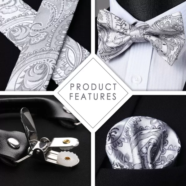 HISDERN Suspenders for Men Paisley Floral Bow tie Suspender Pocket Square Sets Adjustable Y Shape 6 Clips Wedding Braces