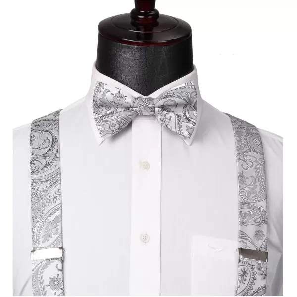 HISDERN Suspenders for Men Paisley Floral Bow tie Suspender Pocket Square Sets Adjustable Y Shape 6 Clips Wedding Braces