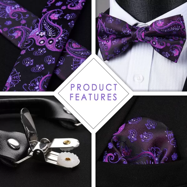 HISDERN Suspenders for Men Paisley Floral Bow tie Suspender Pocket Square Sets Adjustable Y Shape 6 Clips Wedding Braces