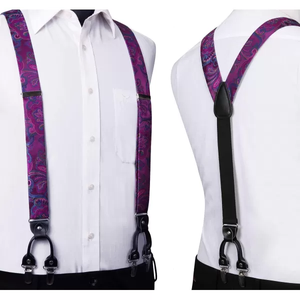 HISDERN Suspenders for Men Paisley Floral Bow tie Suspender Pocket Square Sets Adjustable Y Shape 6 Clips Wedding Braces