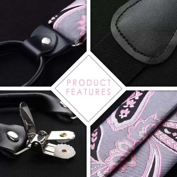 HISDERN Suspenders for Men Paisley Floral Bow tie Suspender Pocket Square Sets Adjustable Y Shape 6 Clips Wedding Braces