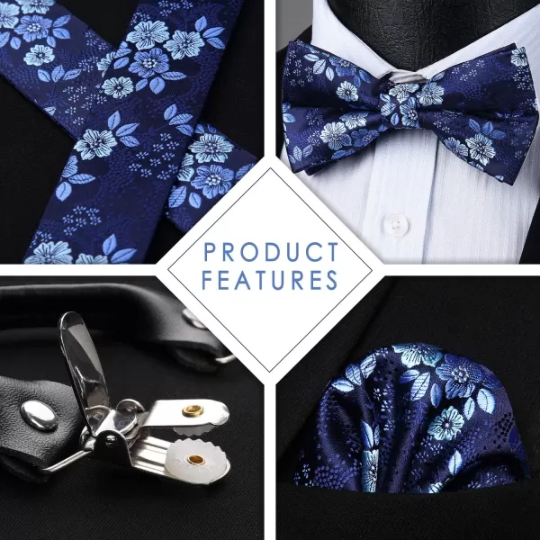 HISDERN Suspenders for Men Paisley Floral Bow tie Suspender Pocket Square Sets Adjustable Y Shape 6 Clips Wedding Braces