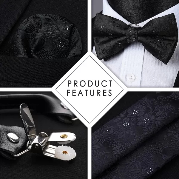 HISDERN Suspenders for Men Paisley Floral Bow tie Suspender Pocket Square Sets Adjustable Y Shape 6 Clips Wedding Braces