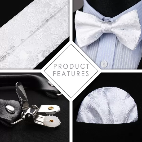 HISDERN Suspenders for Men Paisley Floral Bow tie Suspender Pocket Square Sets Adjustable Y Shape 6 Clips Wedding Braces
