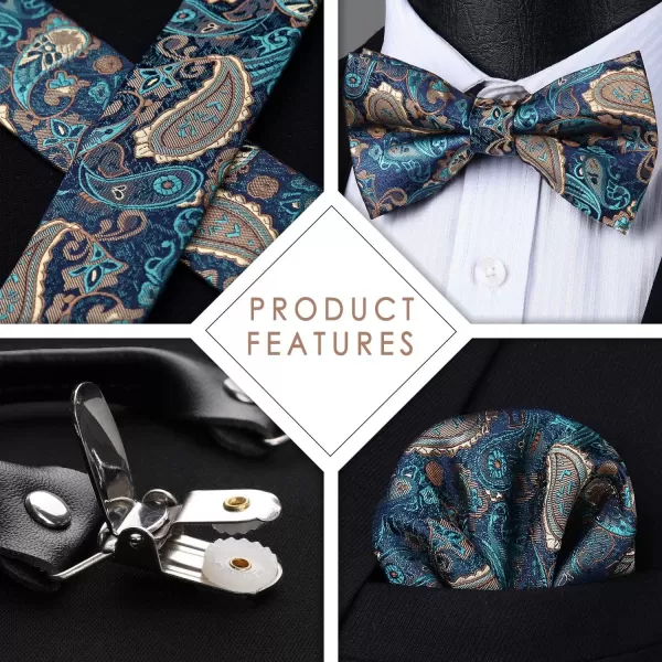HISDERN Suspenders for Men Paisley Floral Bow tie Suspender Pocket Square Sets Adjustable Y Shape 6 Clips Wedding Braces