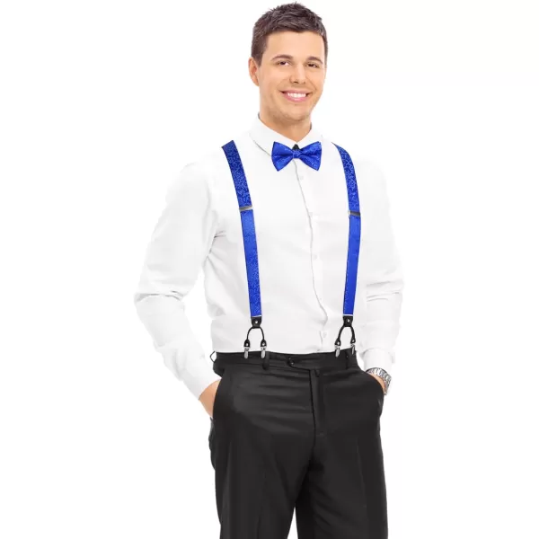 HISDERN Suspenders for Men Paisley Floral Bow tie Suspender Pocket Square Sets Adjustable Y Shape 6 Clips Wedding Braces