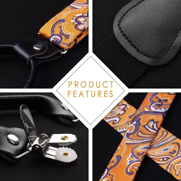 HISDERN Suspenders for Men Paisley Floral Bow tie Suspender Pocket Square Sets Adjustable Y Shape 6 Clips Wedding Braces