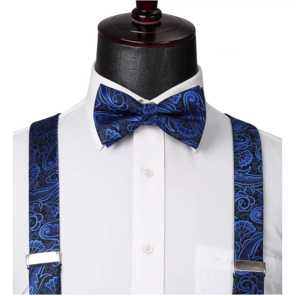 HISDERN Suspenders for Men Paisley Floral Bow tie Suspender Pocket Square Sets Adjustable Y Shape 6 Clips Wedding Braces