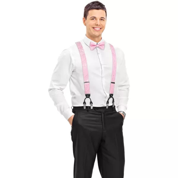 HISDERN Suspenders for Men Paisley Floral Bow tie Suspender Pocket Square Sets Adjustable Y Shape 6 Clips Wedding Braces