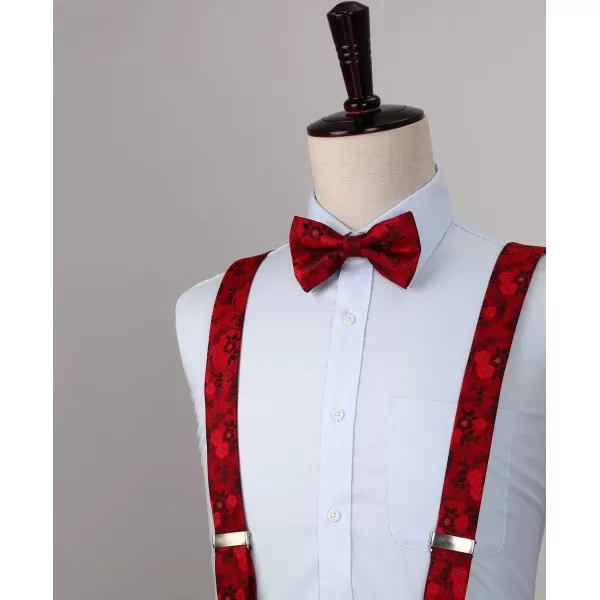 HISDERN Suspenders for Men Paisley Floral Bow tie Suspender Pocket Square Sets Adjustable Y Shape 6 Clips Wedding Braces