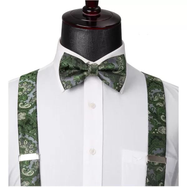 HISDERN Suspenders for Men Paisley Floral Bow tie Suspender Pocket Square Sets Adjustable Y Shape 6 Clips Wedding Braces