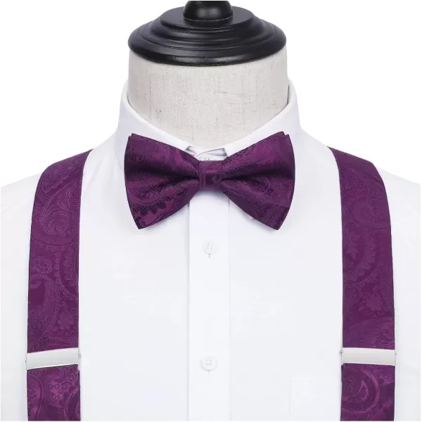 HISDERN Suspenders for Men Paisley Floral Bow tie Suspender Pocket Square Sets Adjustable Y Shape 6 Clips Wedding Braces