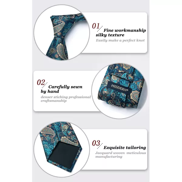 HISDERN Ties for Men Paisley Tie and Pocket Square Woven Classic Floral Mens Ties Handkerchief Set Wedding Party Necktie