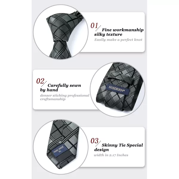 HISDERN Ties for Men Silk Extra Long Tie and Pocket Square Classic Plaid Checkered 63 inches Men's Neckties Business