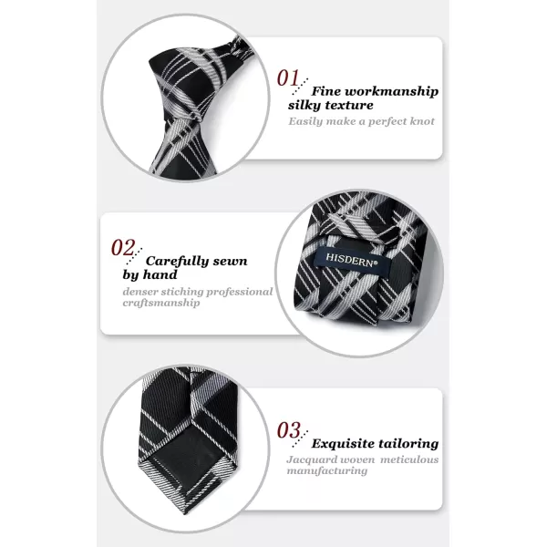 HISDERN Ties for Men Silk Extra Long Tie and Pocket Square Classic Plaid Checkered 63 inches Men's Neckties Business
