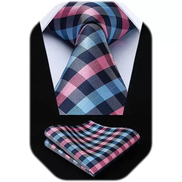HISDERN Ties for Men Silk Extra Long Tie and Pocket Square Classic Plaid Checkered 63 inches Men's Neckties Business