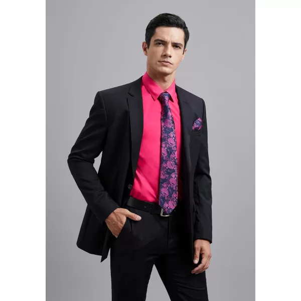 Men's Solid Long Sleeve Dress Shirt with Matching Tie and Handkerchief Set Classic Button Down Formal Business Shirts