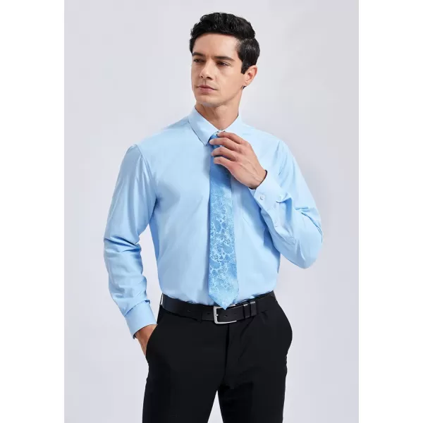 Men's Solid Long Sleeve Dress Shirt with Matching Tie and Handkerchief Set Classic Button Down Formal Business Shirts