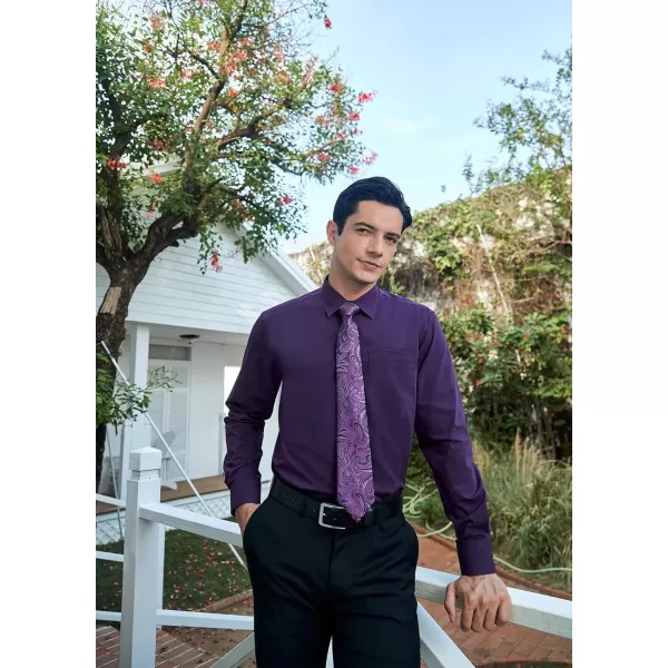 Men's Solid Long Sleeve Dress Shirt with Matching Tie and Handkerchief Set Classic Button Down Formal Business Shirts