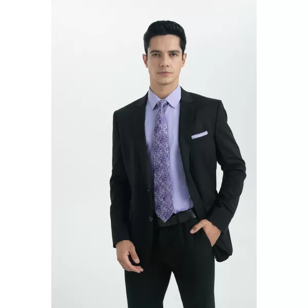 Men's Solid Long Sleeve Dress Shirt with Matching Tie and Handkerchief Set Classic Button Down Formal Business Shirts