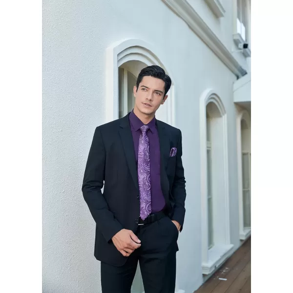 Men's Solid Long Sleeve Dress Shirt with Matching Tie and Handkerchief Set Classic Button Down Formal Business Shirts