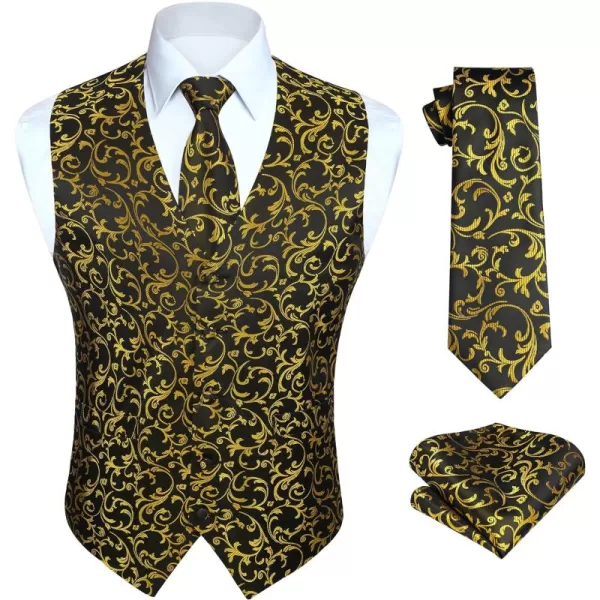 HISDERN 3PC Men's Paisley Floral Jacquard Suit Vest &amp; Necktie and Pocket Square Formal Waistcoat for Tuxedo Wedding Party