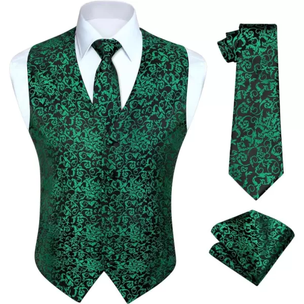 HISDERN 3PC Men's Paisley Floral Jacquard Suit Vest &amp; Necktie and Pocket Square Formal Waistcoat for Tuxedo Wedding Party