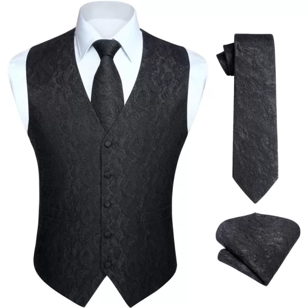 HISDERN 3PC Men's Paisley Floral Jacquard Suit Vest &amp; Necktie and Pocket Square Formal Waistcoat for Tuxedo Wedding Party