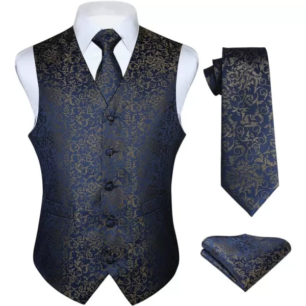 HISDERN 3PC Men's Paisley Floral Jacquard Suit Vest &amp; Necktie and Pocket Square Formal Waistcoat for Tuxedo Wedding Party